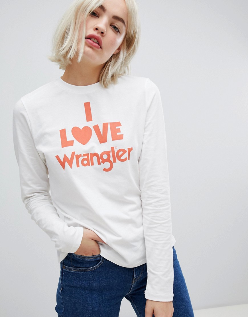 Wrangler – T-shirt med tryck och lång ärm-Vit