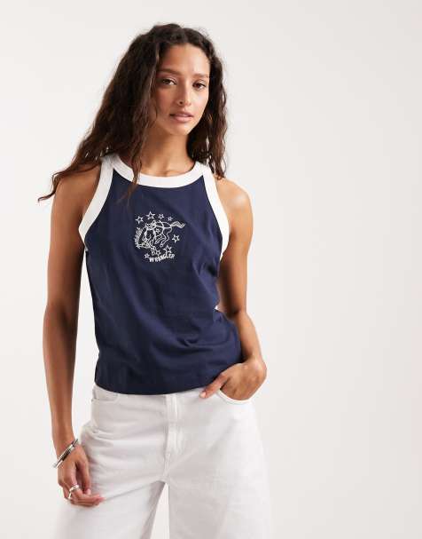 Wrangler - Tanktop met gekleurd randje in wit en marineblauw - view 1