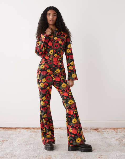Wrangler - Tuta jumpsuit rétro rossa e gialla a fiori in denim - view 1