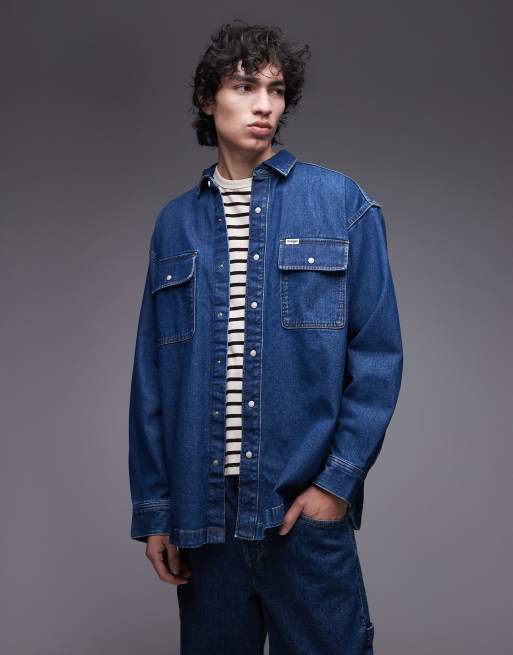 Wrangler two pocket denim overshirt in mid wash blue