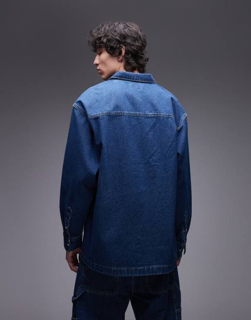 Wrangler two pocket denim overshirt in midwash blue, 3 of 5