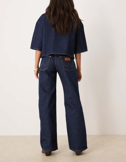 Wrangler - Vasket mørkeblå jeans med vide ben, 2 af 5
