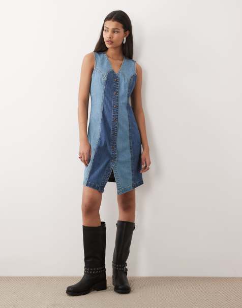 Wrangler vest dress in medium and dark blue wash
