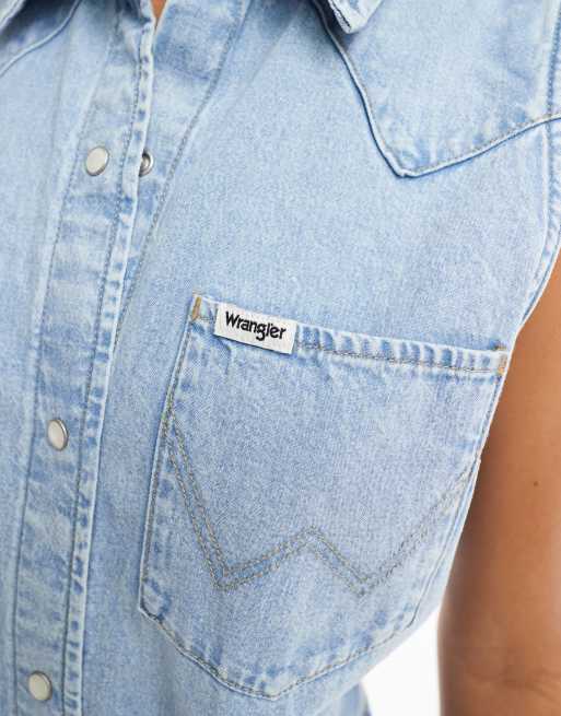 Wrangler - Vestito di jeans senza maniche azzurro, 4 di 4