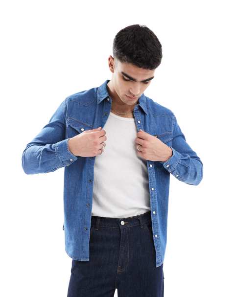Wrangler western denim shirt in mid wash blue - view 1