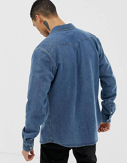Wrangler western denim shirt slim fit in blue indigo mid wash | ASOS