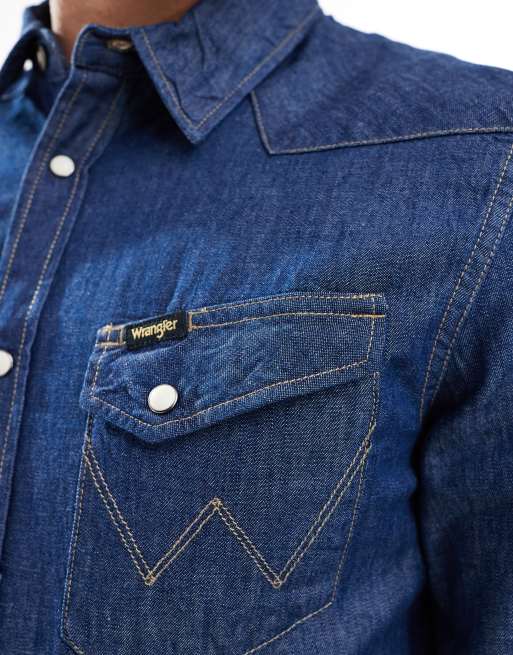 Wrangler - Western-denimskjorte i mørkeblå vask, 2 af 4