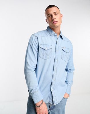 Wrangler western long sleeve shirt in light blue | ASOS