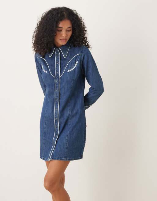 Wrangler western piped denim shirt dress in blue reverie, 3 of 4