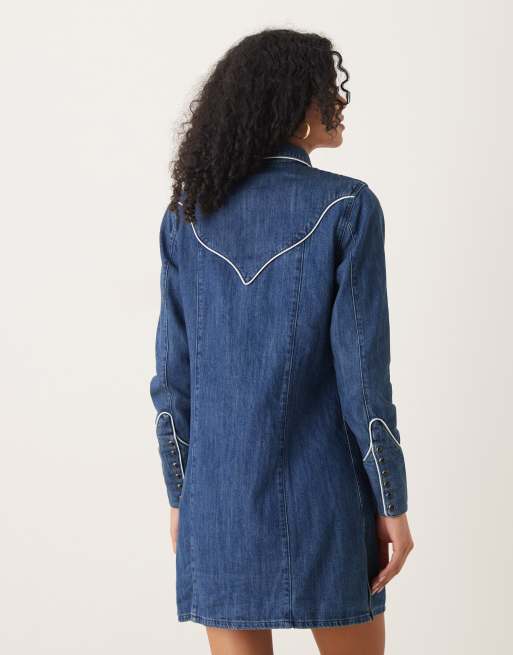 Wrangler western piped denim shirt dress in blue reverie, 4 of 4