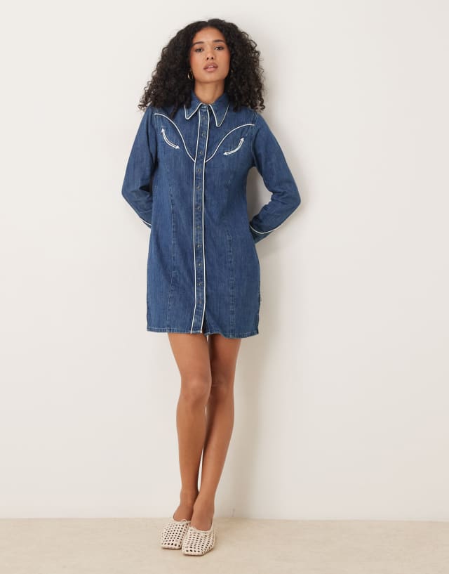 Wrangler western piped denim shirt dress in mid blue