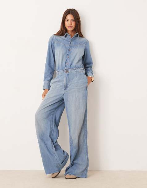 Wrangler western wide leg jumpsuit with raw hems in light wash blue - view 1