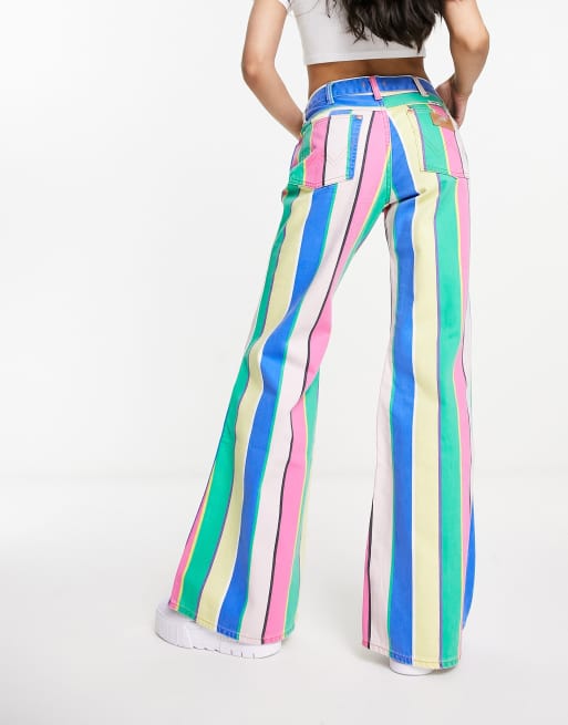 Rainbow Striped High Waisted Fit And Flare Denim Pants