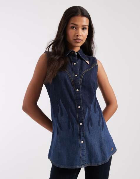 Wrangler x Lainey Wilson - Chemise en jean sans manches avec motif flamme - Indigo - view 1