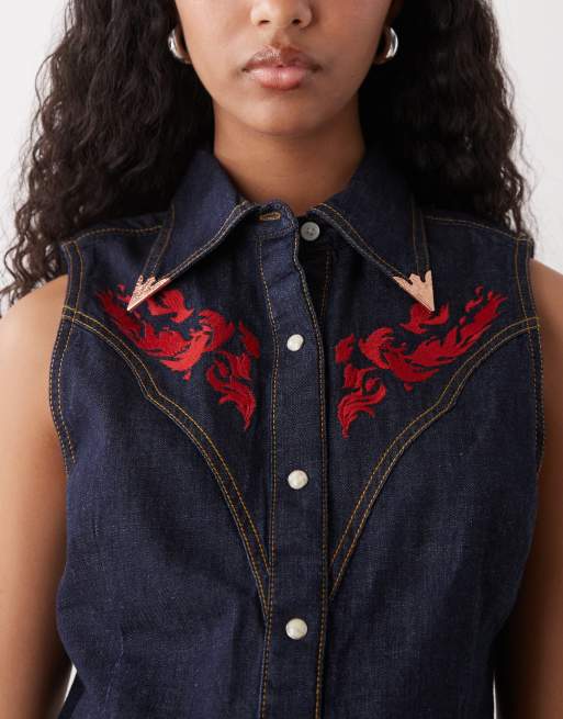 Wrangler x Lainey Wilson embroidered sleeveless denim shirt in indigo, 2 of 4