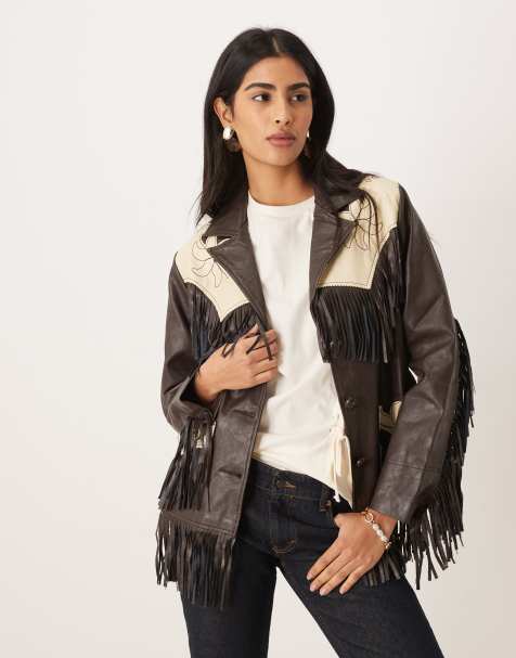Wrangler x Lainey Wilson faux leather fringe jacket in brown