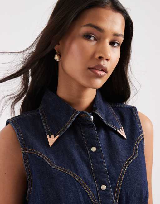 Wrangler x Lainey Wilson - Flame - Mouwloos denim overhemd met vlammen in indigo, 2 van 4
