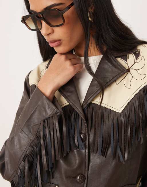 Wrangler x Lainey Wilson - Jack van imitatieleer met franjes in bruin, 3 van 4