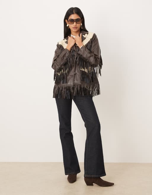Wrangler x Lainey Wilson - Jack van imitatieleer met franjes in bruin, 4 van 4