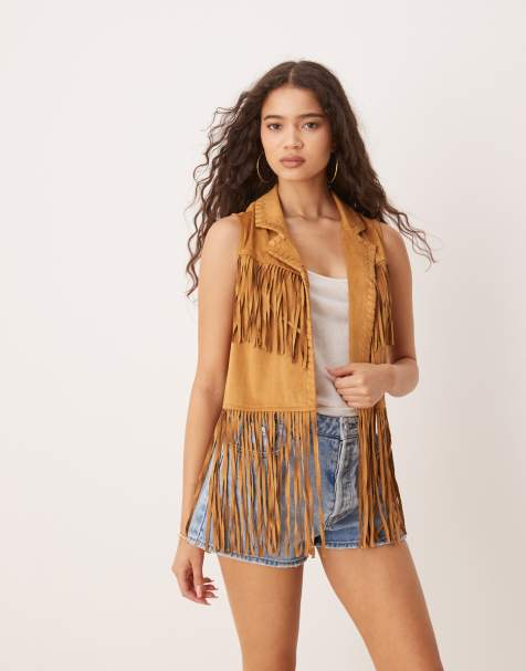 Wrangler x Lainey Wilson faux suede fringe waistcoat in tan