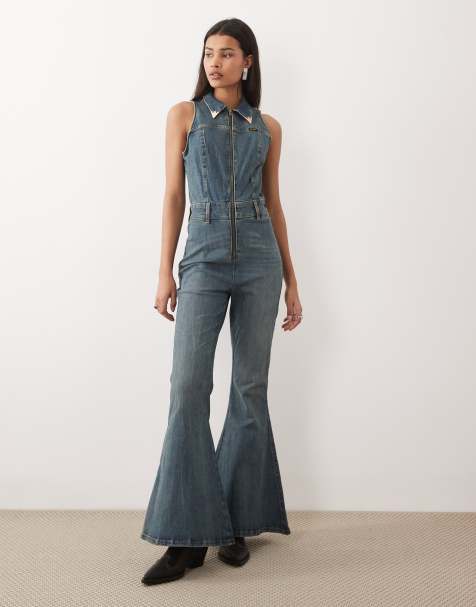 Wrangler x Lainey Wilson stretch super flare denim jumpsuit in indigo blue - view 1