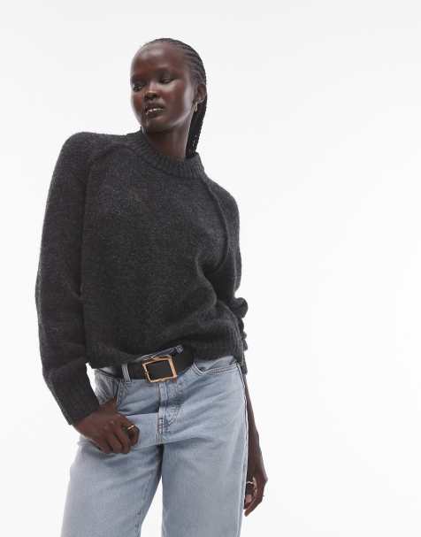 WS Topshop knitted crew with raglan and exposed seam jumper in charcoal - view 1