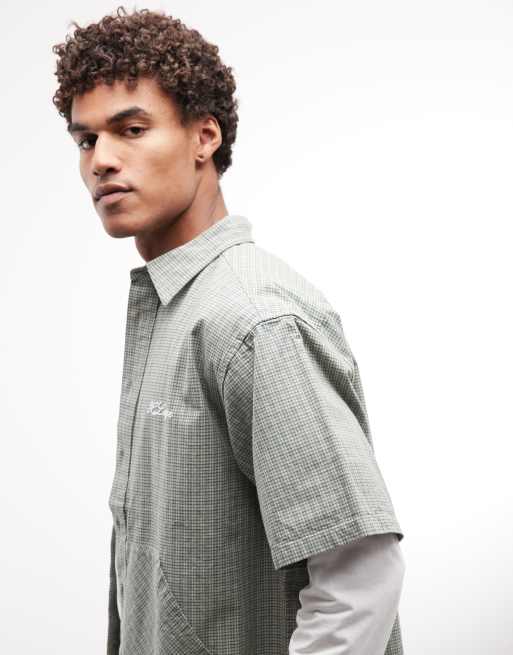 XLARGE check double checked short sleeve shirt with kangaroo pockets in green, 3 of 5