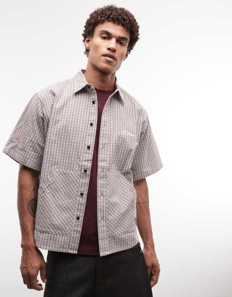 XLARGE - Chemise à carreaux doubles avec manches courtes et poches kangourou - Beige - view 1