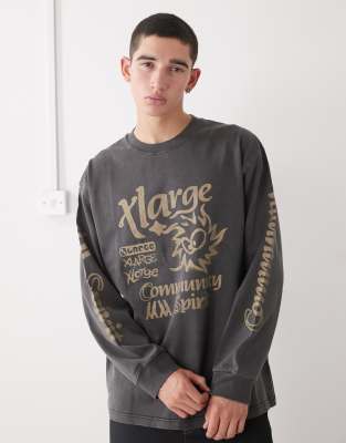 Langärmliges T-Shirt in verwaschenem Schwarz mit Grafiklogo und Pigmentfärbung Schwarz L