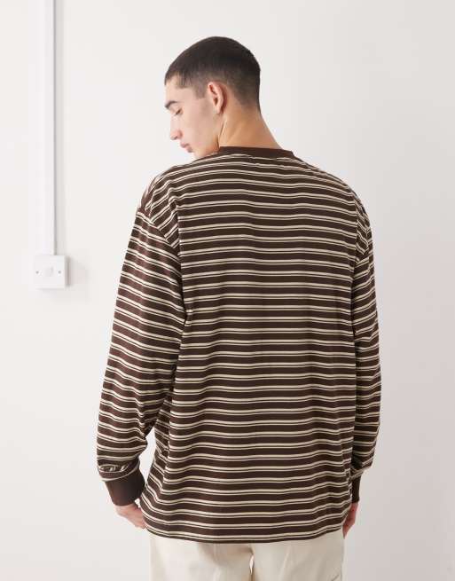 XLarge long sleeve logo pocket t-shirt in brown stripe, 3 of 5