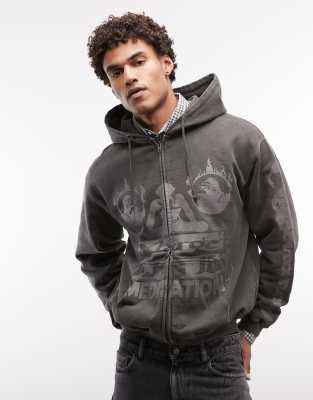 Meditation - Kapuzenpullover in Braun mit All-over-Print und Reißverschluss-Neutral Neutral L