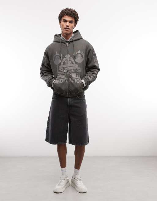 XLARGE meditation zip up hoodie in brown with all over print, 3 of 5