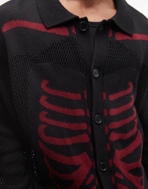 XLARGE - Scanner - Cardigan in maglia nero e rosso con bottoni, 3 di 5