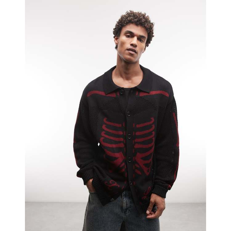 XLARGE scanner knitted button up cardigan in black with red | ASOS