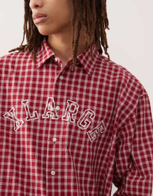 Xlarge Men S Patch Logo Plaid Shirt Burgundy