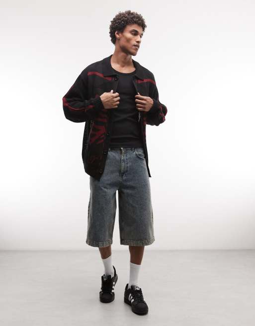 XLARGE - Sort strikket cardigan med knapper og rødt røntgenprint, 2 af 5