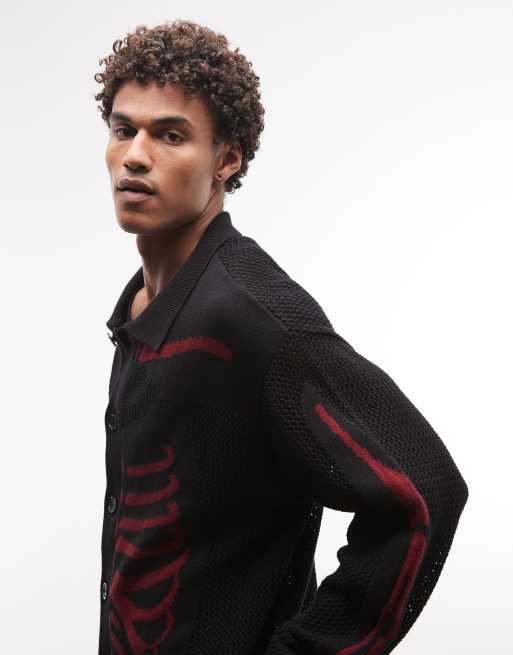 XLARGE - Sort strikket cardigan med knapper og rødt røntgenprint, 4 af 5