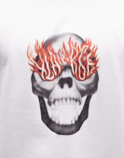 XLARGE - T-shirt à manches longues avec imprimé tête de mort en flammes - Blanc, 3 de 5