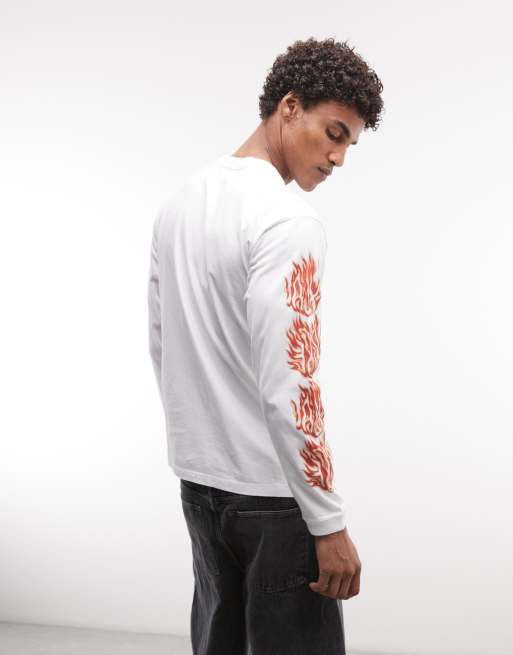 XLARGE - T-shirt à manches longues avec imprimé tête de mort en flammes - Blanc, 5 de 5
