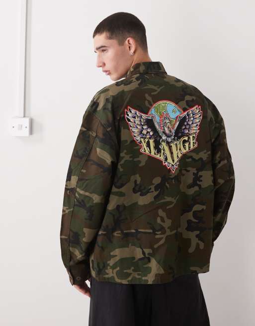 Xlarge – Zielona koszula z tkaniny ripstop we wzór moro z militarną grafiką z logo