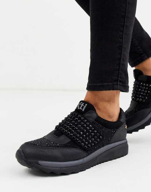 XTI Baskets de course enfiler orn es de strass Noir