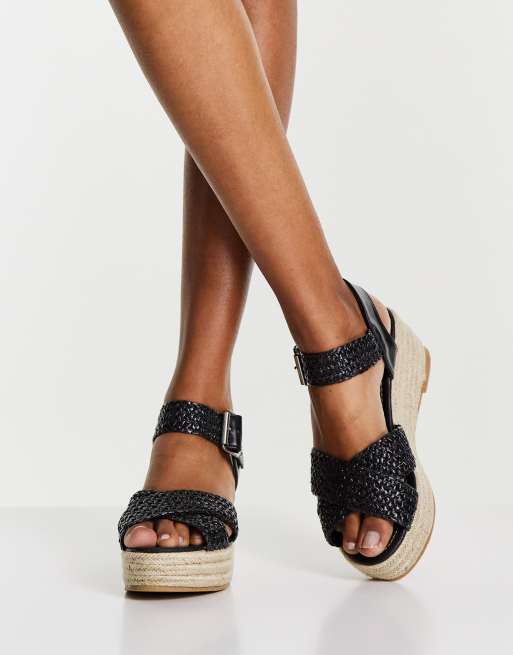 XTI cross strap espadrille flatform sandals in black