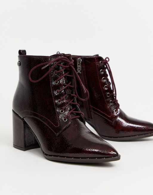 XTI heeled lace up ankle boots in burgundy | ASOS