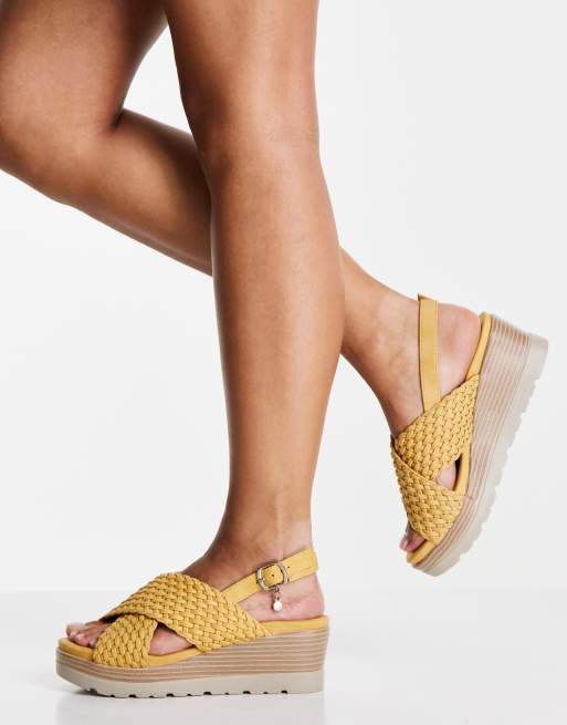 XTI - Sandalen met gele bandjes en sleehak van kurk, 2 van 4