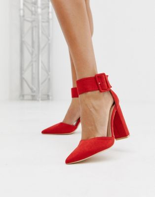 фото Ярко-красные туфли-лодочки с пряжкой на блочном каблуке glamorous-красный