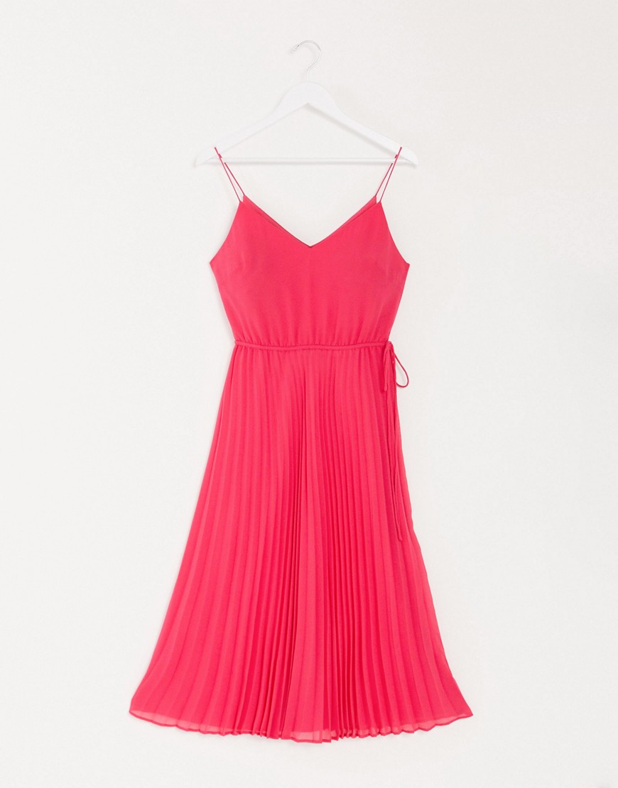 Ярко-розовое плиссированное платье миди со шнурком на талии ASOS DESIGN-Розовый цвет