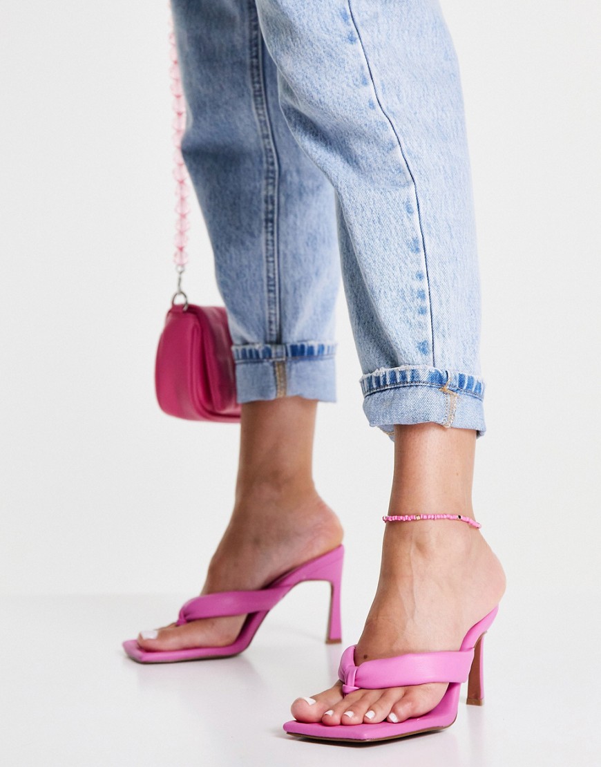 фото Ярко-розовые босоножки на каблуке с перемычкой и объемными ремешками asos design haven-розовый цвет