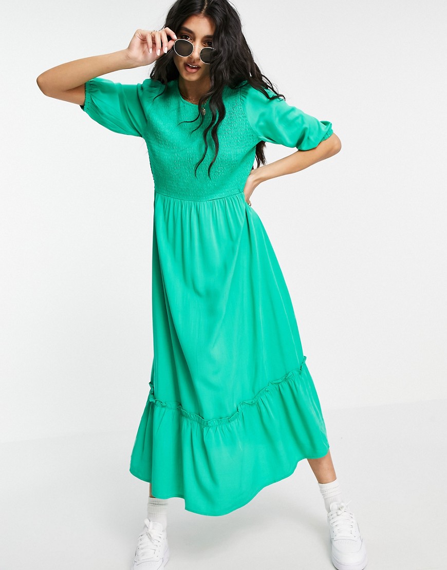 фото Ярко-зеленое платье миди с круглым вырезом и сборками new look-зеленый цвет