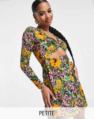 фото Яркое цветочное платье мини с вырезом и перекрученной отделкой спереди only petite-разноцветный