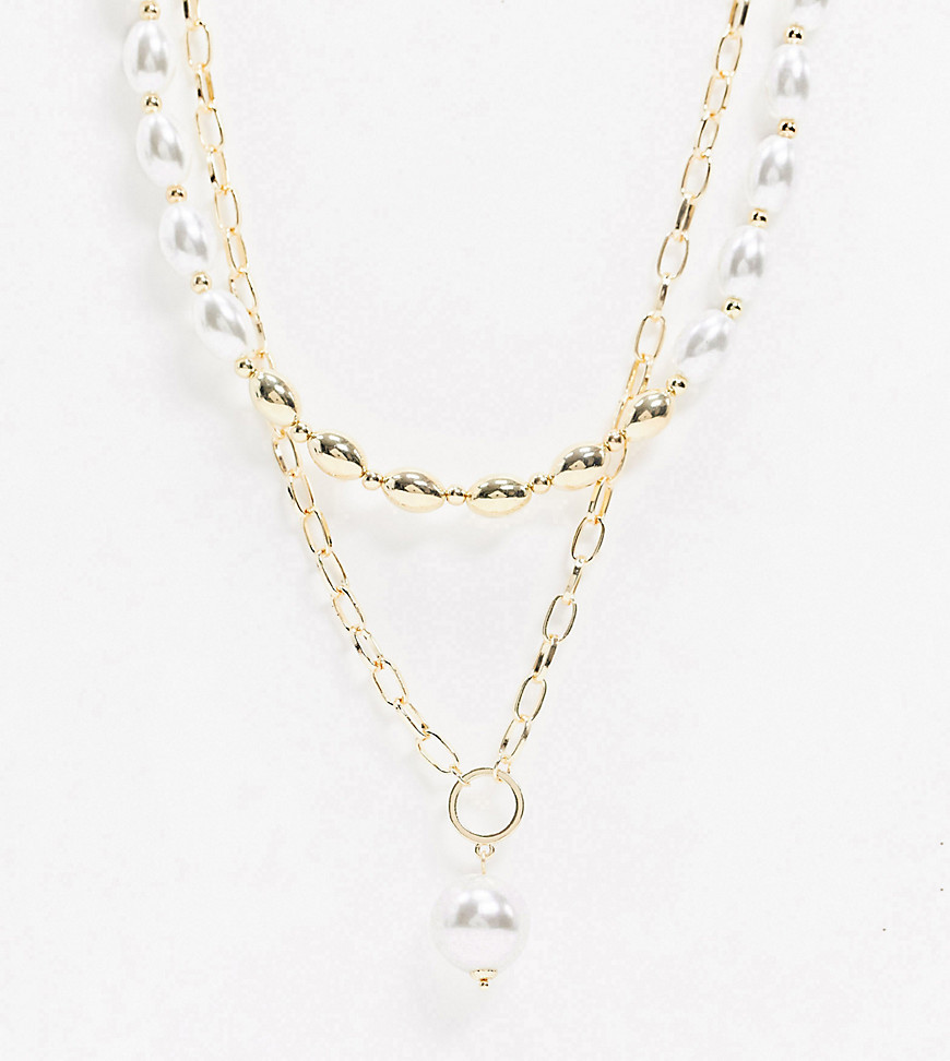 фото Ярусное ожерелье с искусственным жемчугом и цепочками glamorous-золотой